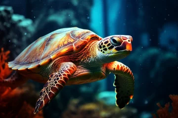 Fotobehang Majestic sea turtle gliding through vibrant underwater world with coral reefs and marine life © firax