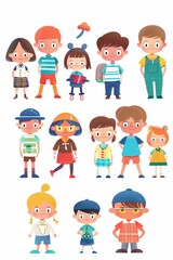 Variety of cartoon vector children in colorful outfits. A diverse group of cartoon children standing in row wearing various colorful outfits representing different styles and personalities 