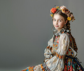a young beautiful woman in a traditional Ukrainian costume. She wears a voluminous wreath of flowers and ribbons. plain background space for text.