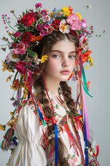 A photograph of a young beautiful woman in a traditional Ukrainian costume. She wears a voluminous wreath of flowers and ribbons on her head