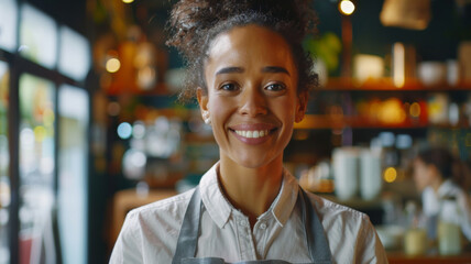 Fototapeta premium Smiling young female barista welcoming guests into a cozy, well-lit café environment.