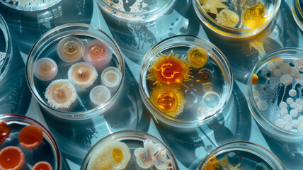 A collection of diverse petri dishes containing colorful bacterial cultures in a laboratory setting.