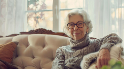 A content elderly woman with glasses smiling comfortably in a sunlit living room on a cozy sofa.