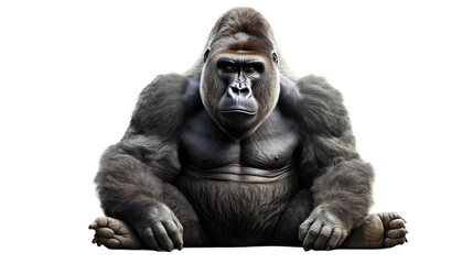 A gorilla sits on the ground with his legs crossed, displaying a sense of peace and contemplation