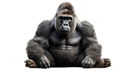 A gorilla sits on the ground with his legs crossed, displaying a sense of peace and contemplation
