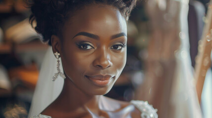 Radiant bride with a thoughtful gaze surrounded by wedding dresses, her special day awaits.