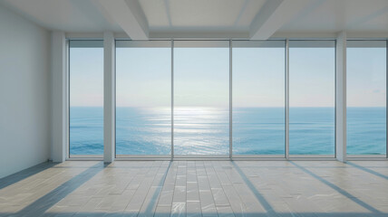 Serene ocean view through a floor-to-ceiling window in a minimalist room.