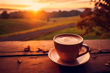 Tuinposter Coffee cup on table with scenic morning landscape. Copy space for text or design elements © firax