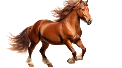 A majestic brown horse is galloping gracefully against a blank white backdrop
