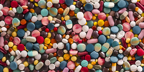 Fototapeta na wymiar Pile of many colorful different medicine pills,