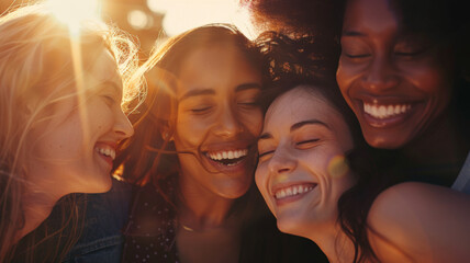 Group of diverse friends sharing a joyful moment outdoors. - obrazy, fototapety, plakaty