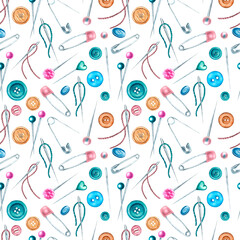 Watercolor hand drawn seamless pattern of buttons, needles and threads, different sewing pins ball-point, flat plastic head and safety pin. For prints, postcards, pattern, wrapping paper or wallpaper.