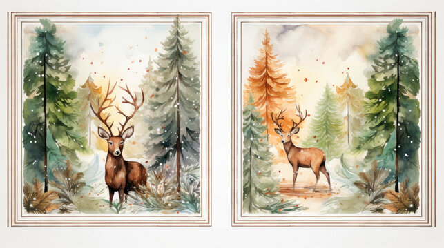 Two stunning paintings capture the serene beauty of deer gracefully roaming amidst lush pine trees in tranquil forest setting. Painting for interior decoration. Forest tranquility. Banner. Copy space.