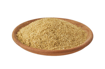 pile of ground coriander seed isolated on white in wood bowl