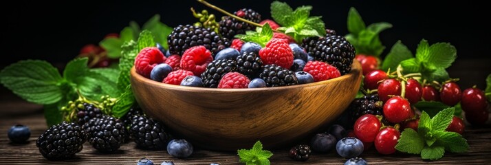 Healthy banner with ripe berries in bowl - blueberries, blackberries, raspberries