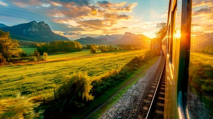 Deurstickers A charming summer landscape with a bright orange sunset and a green field outside the train window. Travel by train at sunset. Returning home © olga