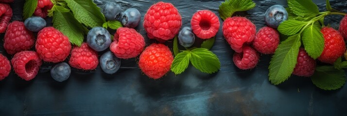 Ripe raspberries and blueberries on a stone surface with copy space. Top view