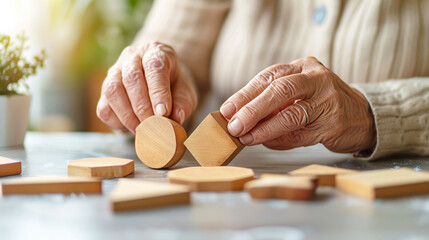 Elderly woman hands holding wooden puzzle. Creative idea for memory loss, dementia, Alzheimer's disease and mental health.. - obrazy, fototapety, plakaty