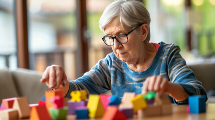 Elderly woman hands holding wooden puzzle. Creative idea for memory loss, dementia, Alzheimer's disease and mental health..