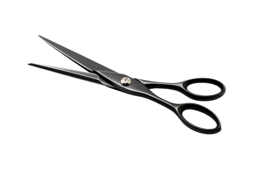 A Pair of Black Scissors on a White Background. On a White or Clear Surface PNG Transparent Background.