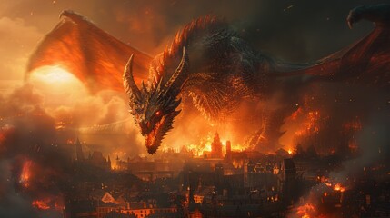Fire-breathing dragon unleashing havoc on a medieval town during dusk, fantasy scene of destruction - obrazy, fototapety, plakaty
