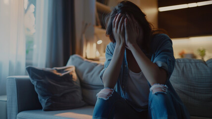 Obraz premium A distressed person covers their face, embodying a moment of vulnerability and emotional pain.