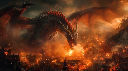 Fire-breathing dragon unleashing havoc on a medieval town during dusk, fantasy scene of destruction - obrazy, fototapety, plakaty