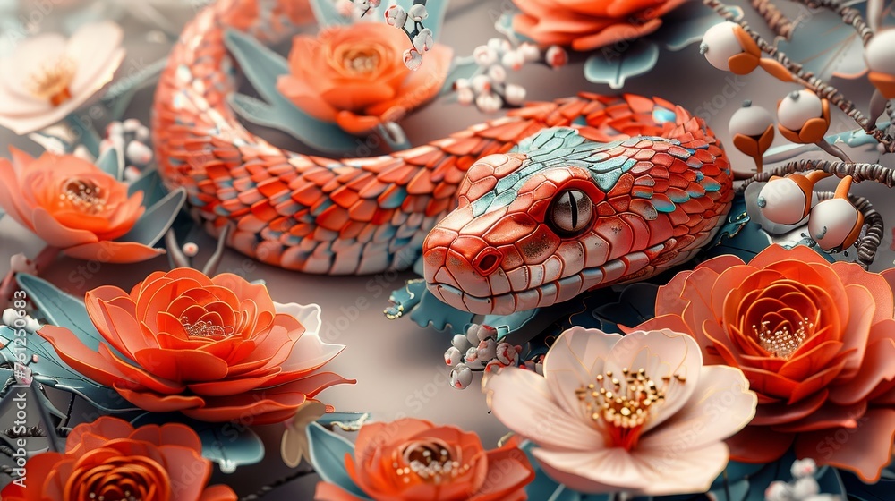Poster an illustration of a chinese new year 2025 in the year of the snake using traditional paper cut elem