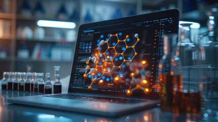 Digital visualization of a breakthrough medications molecular structure on a laptop in a lab - obrazy, fototapety, plakaty