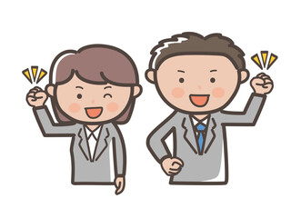 ガッツポーズでやる気満々の男女ビジネスマンの上半身イラスト