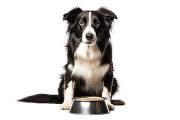 Black and White Dog Sitting Next to Bowl of Food. On a White or Clear Surface PNG Transparent Background.