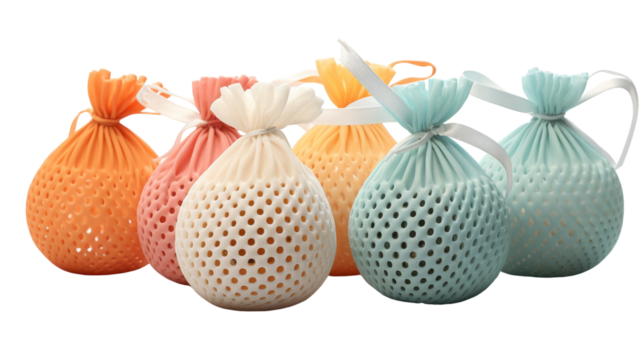 Four bags in vibrant colors bursting with various items inside