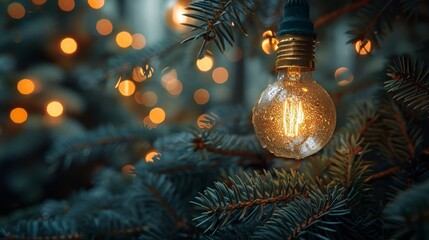 Abstract bokeh light bulb and blurred green Christmas tree background for happy new year 2025