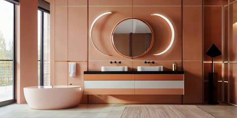 Modern bathroom with fuzzy peach color scheme, interior design, bathroom 