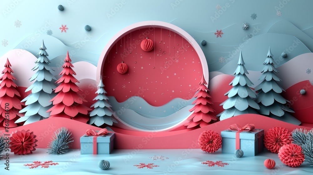 Poster on this paper cut art and craft with color background and festive elements, we have a 3d podium styl
