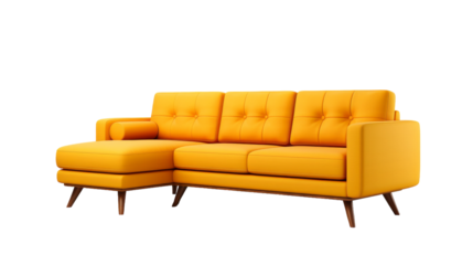 A bright yellow couch resting elegantly on a pristine white floor