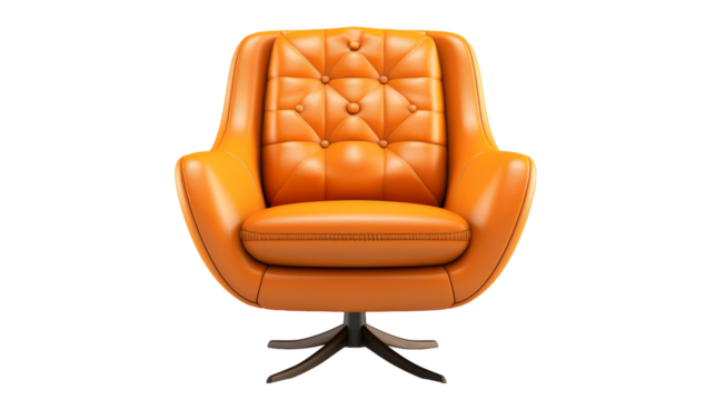 An orange chair perched on a wooden table, creating a vibrant and eclectic focal point