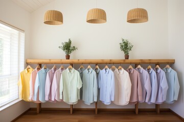 Pastel-colored shirts on hangers against white wall, copy space, fashion display concept
