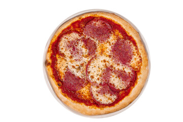 Pizza with Salami, mozzarella and tomato sauce. Pizza on a wooden table