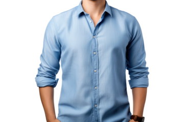 Man in Blue Shirt Standing With Hands in Pockets. On a White or Clear Surface PNG Transparent Background.