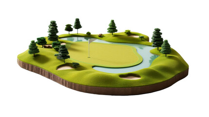 Miniature golf course surrounded by lush trees and serene water features