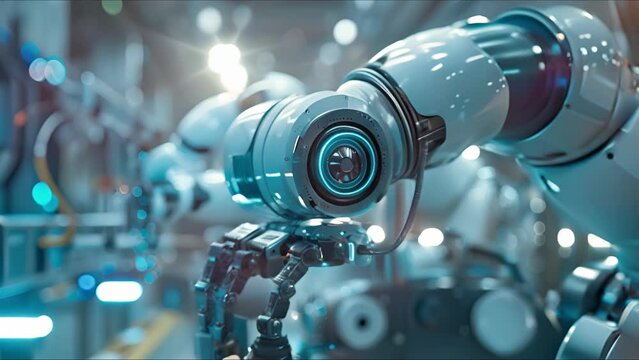 Robots working on futuristic factory. Concept of technology, robotics, artificial intelligence and future.