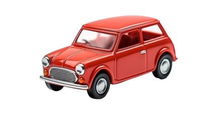A vibrant red toy car stands out on a clean white background