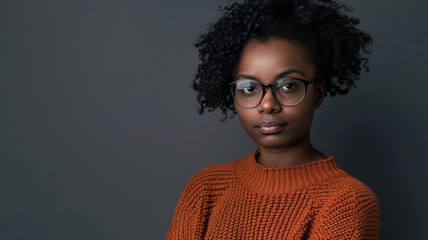 Fototapeta premium Thoughtful young woman with glasses standing against a grey background.