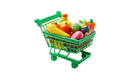 A green shopping cart overflows with a colorful array of fresh fruits and vegetables