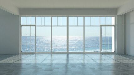 Obraz premium A minimalist room offers an unobstructed view of a serene ocean, merging indoors with nature.