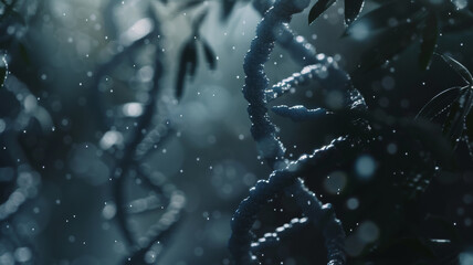 Dew-kissed tendrils of a plant sparkle subtly in a mysterious, ethereal forest setting. - obrazy, fototapety, plakaty