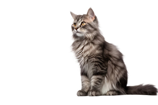 Long Haired Gray Cat Sitting on White Background. On a White or Clear Surface PNG Transparent Background.