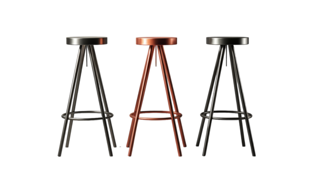 Three wooden stools arranged neatly in a row