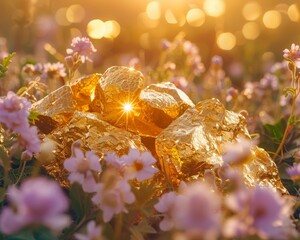 vibrant and shimmering gold nuggets nestled among blooming wildflowers and thriving greenery in a serene meadow, illustrating the beauty and bounty of responsibly sourced gold Backlights Bokeh effect